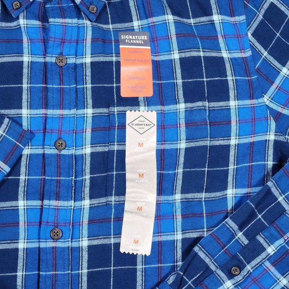 St Johns Bay Mens Signature Flannel Shirt Olympian Blue Plaid Medium New
